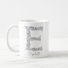 Caneca De Café Monograma Floral Botânica Preta - Letra Branca E