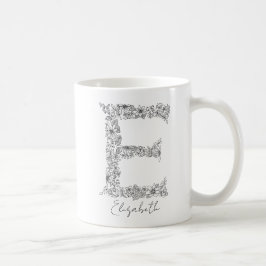 Caneca De Café Monograma Floral Botânica Preta - Letra Branca E