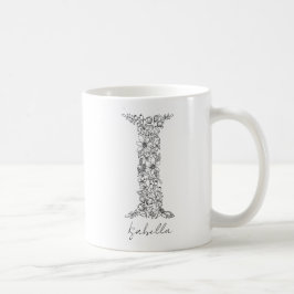 Caneca De Café Monograma Floral Botânica Preta - Letra Branca I