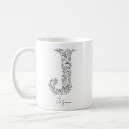 Caneca De Café Monograma Floral Botânica Preta - Letra Branca J