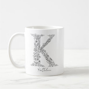 Caneca De Café Monograma Floral Botânica Preta - Letra Branca K