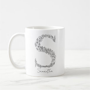 Caneca De Café Monograma Floral Botânica Preta - Letra Branca S