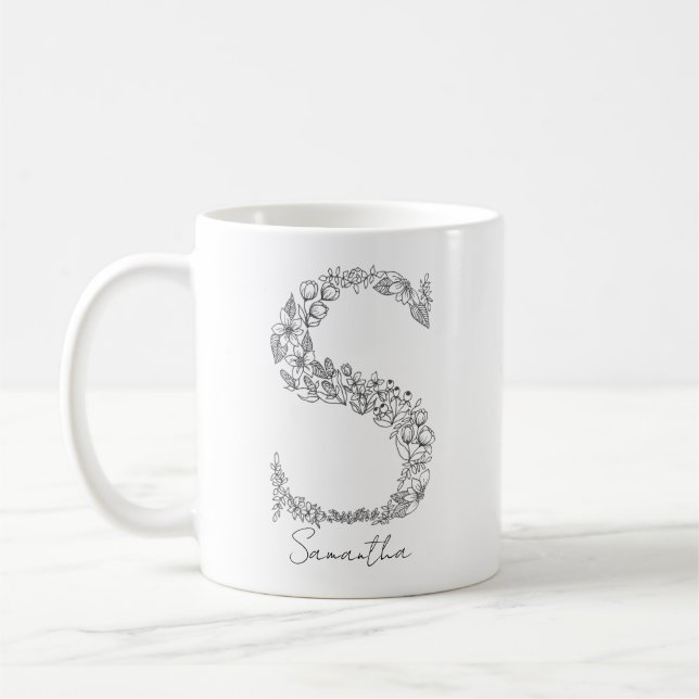 Caneca De Café Monograma Floral Botânica Preta - Letra Branca S (Esquerda)