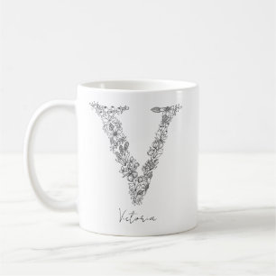 Caneca De Café Monograma Floral Botânica Preta - Letra Branca V