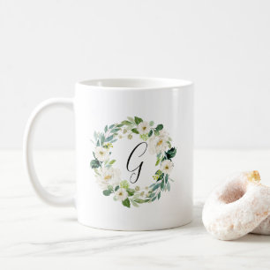 Caneca De Café Monograma floral branco da grinalda