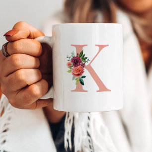 Caneca De Café Monograma Floral Burgundy Blush Elegante