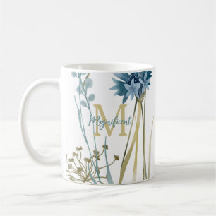 Caneca De Café Monograma Floral Claro Azul Dourado Branco