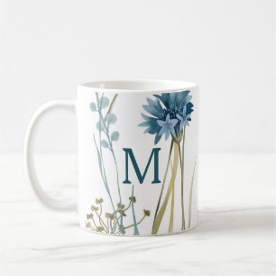 Caneca De Café Monograma Floral Claro Azul Dourado em Branco