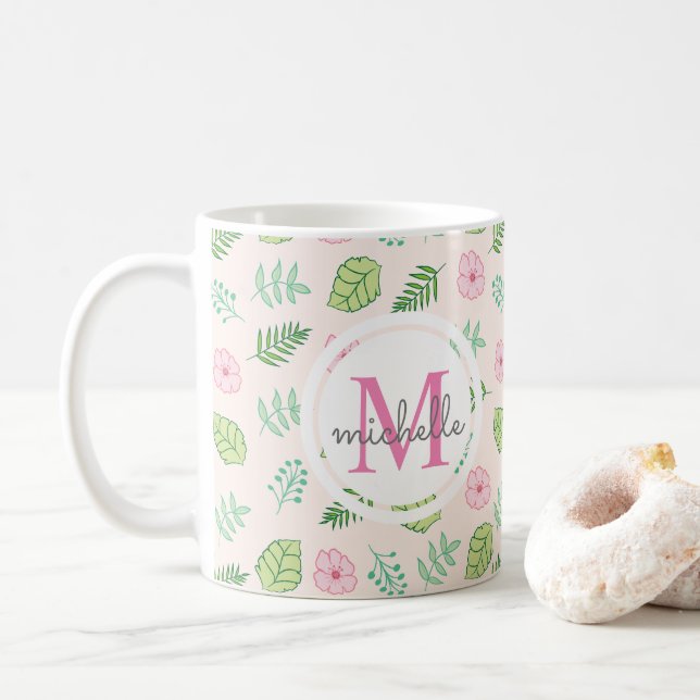 Caneca De Café Monograma Floral Clássico Moderno (Com Donut)