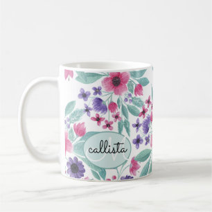 Caneca De Café Monograma Floral com Cor de Letra Púrpura Rosa Gir