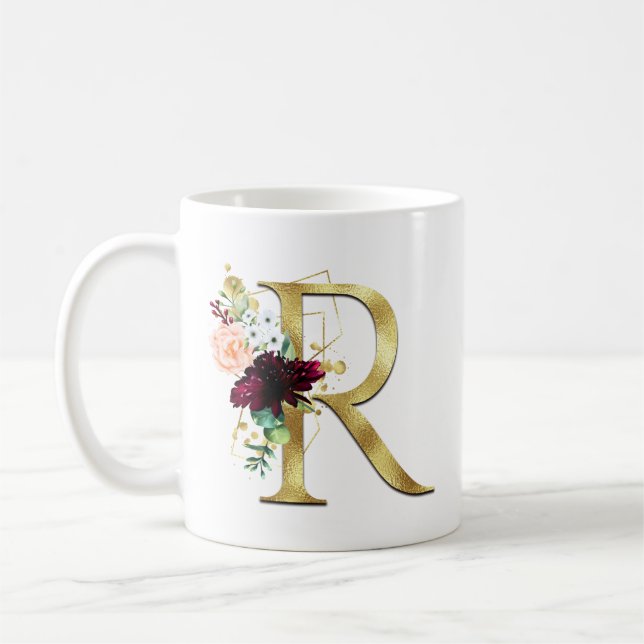 Caneca De Café Monograma Floral com R em Letra Dourada Elegante (Esquerda)