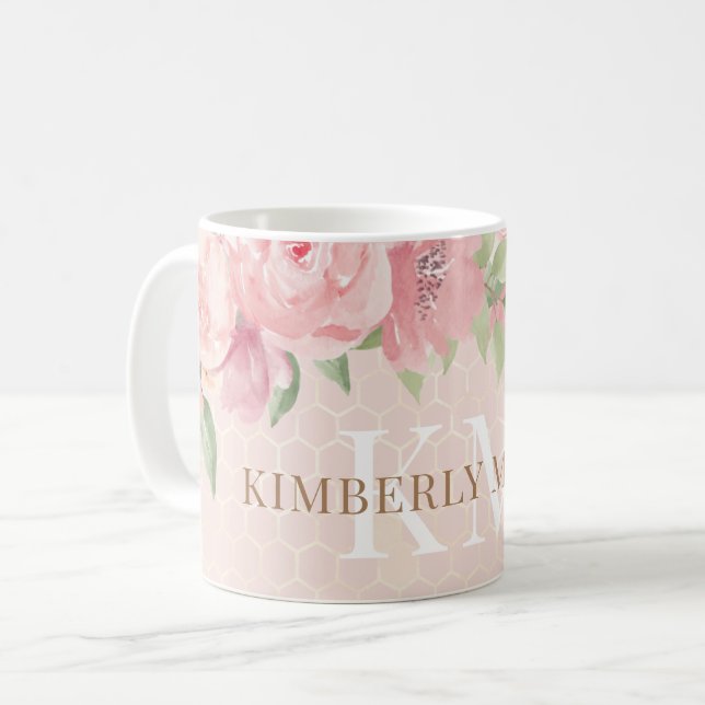 Caneca De Café Monograma Floral Cor-de-Água Dourada, Rosa (Frente Esquerda)