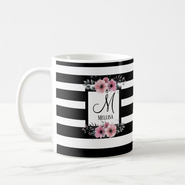 Caneca De Café Monograma Floral Cor-de-rosa com faixas brancas e  (Esquerda)