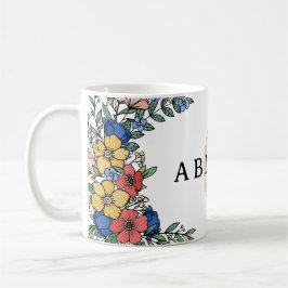 Caneca De Café Monograma Floral Coral Amarelo Colorido