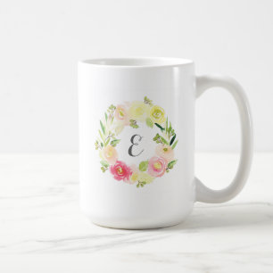 Caneca De Café Monograma floral da grinalda   da aguarela