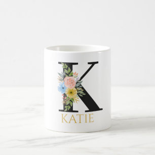 Caneca De Café Monograma Floral de Aquarela