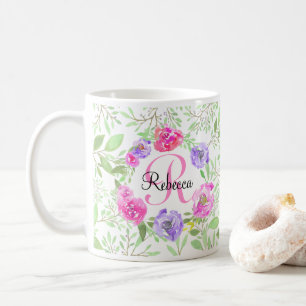 Caneca De Café Monograma Floral de Coloração de Água Rosa Pink