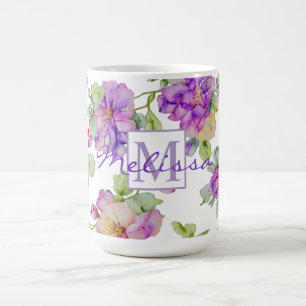 Caneca De Café Monograma floral de cor púrpura, cor-de-rosa, eleg