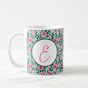 Caneca De Café Monograma floral de cor rosa e verde