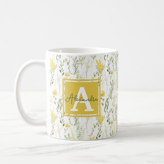 Caneca De Café Monograma Floral de Flores Amarelas Modernas Wispy (Esquerda)