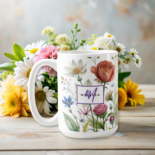 Caneca De Café Monograma floral de flores silvestres modernas