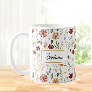 Caneca De Café Monograma Floral de Flores Silvestres Vintage em A