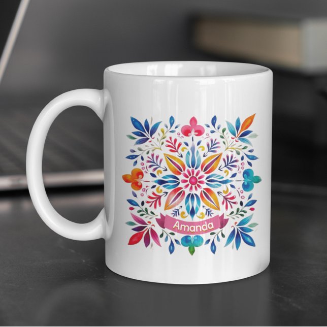 Caneca De Café Monograma floral de folclore festivo (Criador carregado)