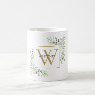Caneca De Café Monograma Floral de Folhagem em Ouro Moderno