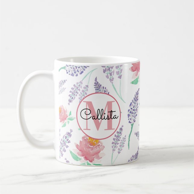 Caneca De Café Monograma Floral de Lavanda de Peony Rosa (Esquerda)