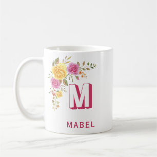 Caneca De Café Monograma Floral de Nome Personalizado Amarelo-Ele
