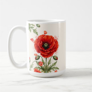 Caneca De Café Monograma Floral de Papoula Vermelha em Aquarela F