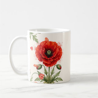 Caneca De Café Monograma Floral de Papoula Vermelha em Aquarela F