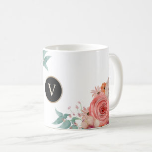 Caneca De Café Monograma floral de rosa vermelha personalizado