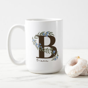Caneca De Café Monograma Floral Delicado Azul ID1332