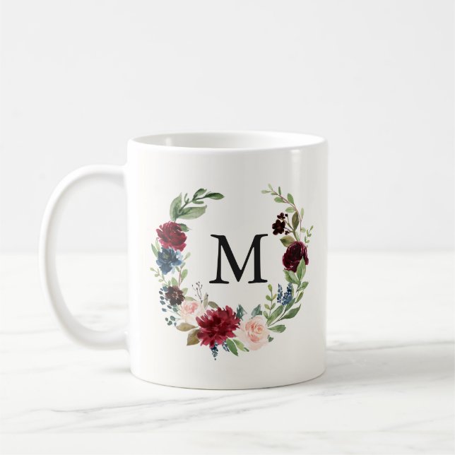 Caneca De Café Monograma floral do buquê | de Borgonha (Esquerda)