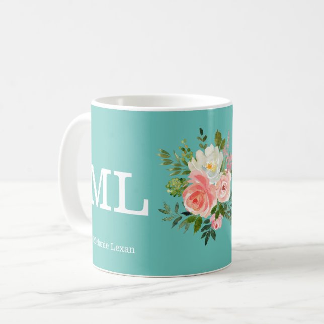 Caneca De Café Monograma Floral e Teal Rosa  (Frente Esquerda)