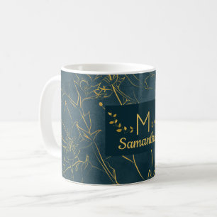 Caneca De Café Monograma Floral Elegante em Azul Teal Escuro e Do