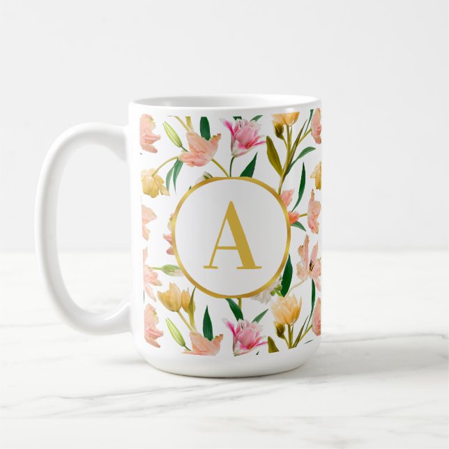 Caneca De Café Monograma Floral Elegante Primavera com Ênfase Our (Esquerda)