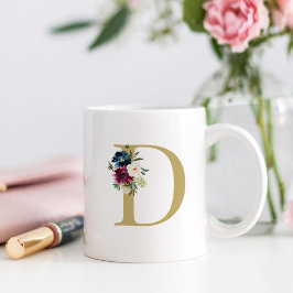 Caneca De Café Monograma Floral em Aquarela Azul Marinho Burgundy