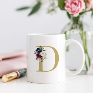 Caneca De Café Monograma Floral em Aquarela Azul Marinho Burgundy
