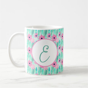 Caneca De Café Monograma floral em aquarela rosa claro e verde