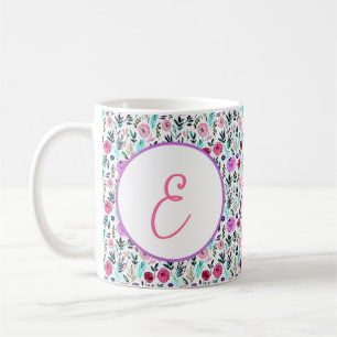Caneca De Café Monograma floral em aquarela roxo, rosa e vermelho