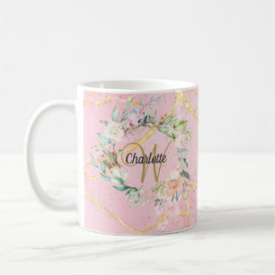 Caneca De Café Monograma Floral em Script Dourado em Geodo de Ága