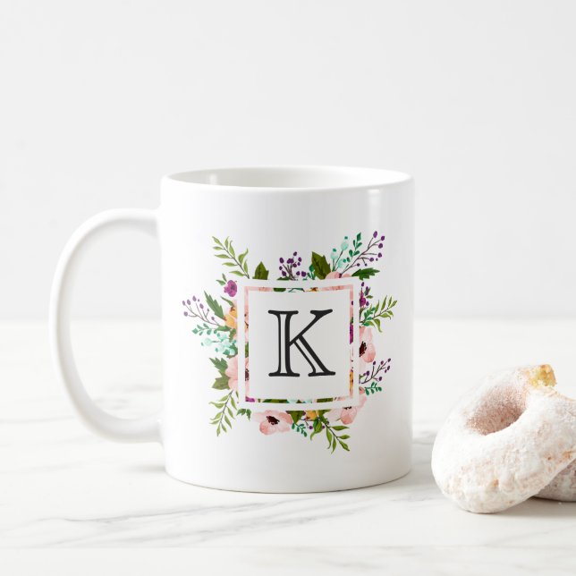 Caneca De Café Monograma Floral Flourish (Com Donut)