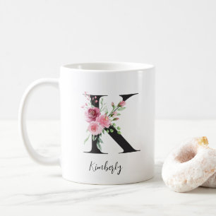 Caneca De Café Monograma Floral K Aquarela Nome