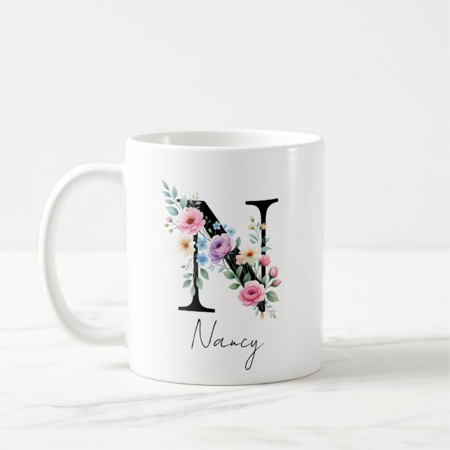 Caneca De Café Monograma Floral – Letra N (Esquerda)