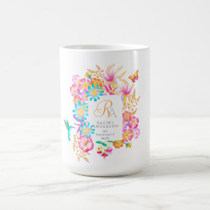 Caneca De Café Monograma Floral Místico em Flor Branco 