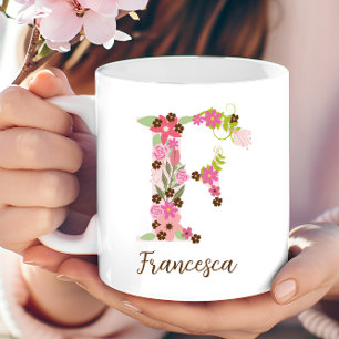 Caneca De Café Monograma Floral Personalizado F