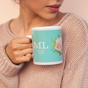 Caneca De Café Monograma Floral Rosa e Azul Turquesa