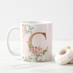 Caneca De Café Monograma Floral Rosa Elegante C Café Mug